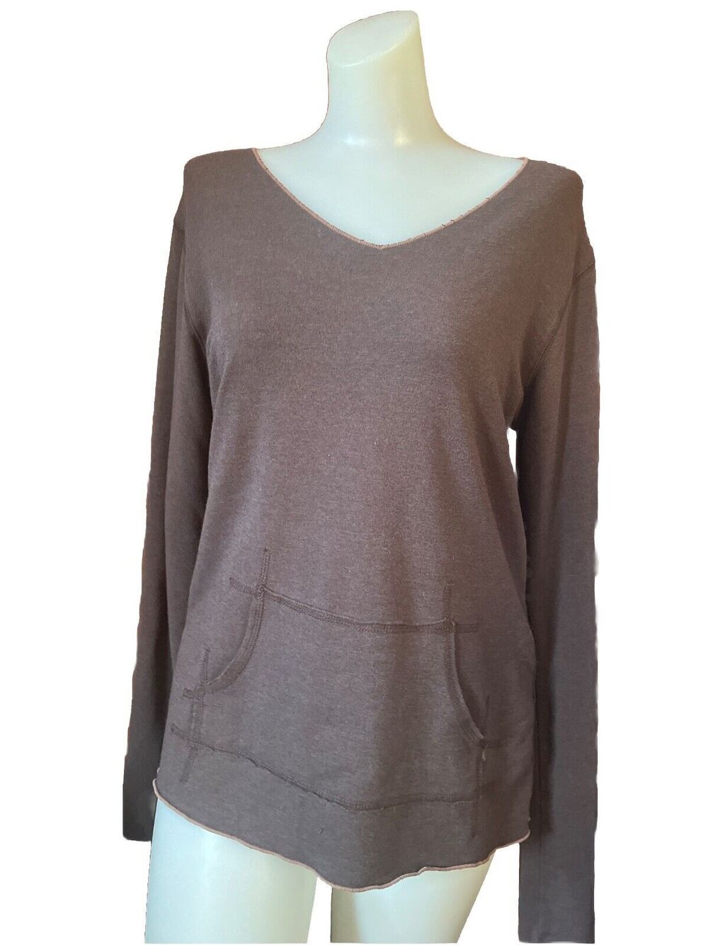 Soybu Women Brown Long Sleeve Warm Medium Shirt Top Pocket V Neck Athletic